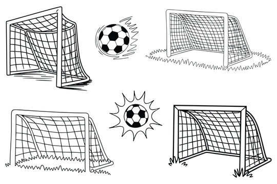 Hand drawn soccer icons set goals ball, football line art, sports concept