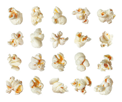 Collection of popcorn isolated on a transparent background. Set of delicious popcorn close up