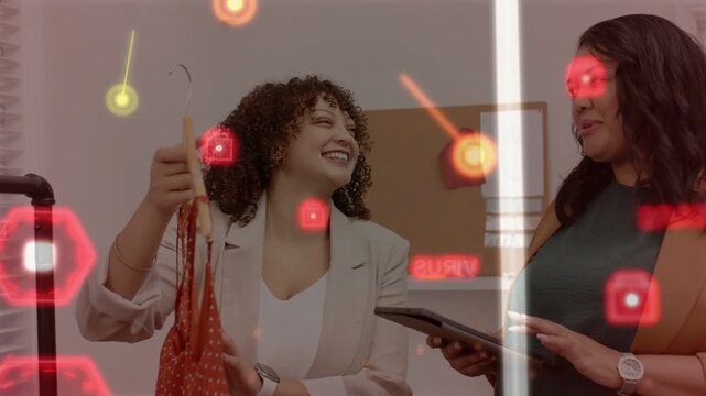 Left woman lifting red polka dress, right woman tapping tablet while retail HUD guiding selection