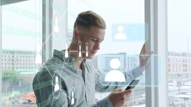 Man tapping smartphone and activating HUD network on glass, revealing avatar icons for tech brief