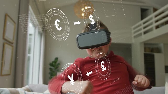 VR child reaching forward, using currency HUD tracking gestures for finance in living room