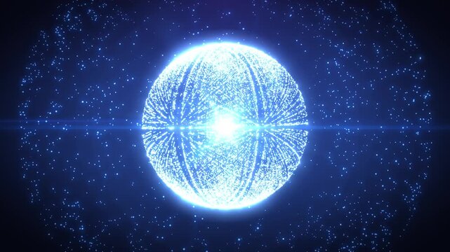 Bright blue glowing sphere made of particles in space, abstract digital planet with radiant core, futuristic energy field, depth and cosmic motion background. seamless loop.