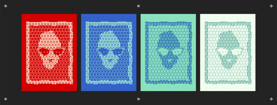 Pixel asset 5A bold set of print-ready cross stitch embroidery designs featuring a skull portrait rendered in pixel needlework style, available in red, blue, mint green, and cream. Each design include