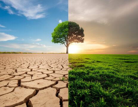 Half barren cracked earth and half green field with solitary tree symbolizing climate change.