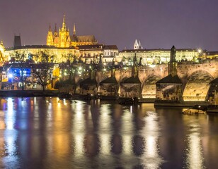 Obraz premium Prague Castle and Charles Bridge at night