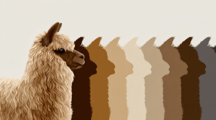 Fototapeta premium A fluffy beige alpaca stands in profile alongside a repeating sequence of alpaca silhouettes in various earthy tones, creating a minimalist and rhythmic pattern against a neutral background.