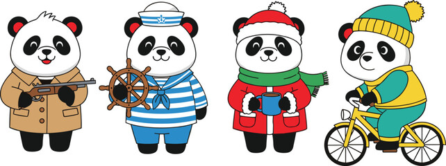 Fototapeta premium Adorable Panda Characters Set in Various Outfits Including Sailor, Winter Wear, and Cycling Gear