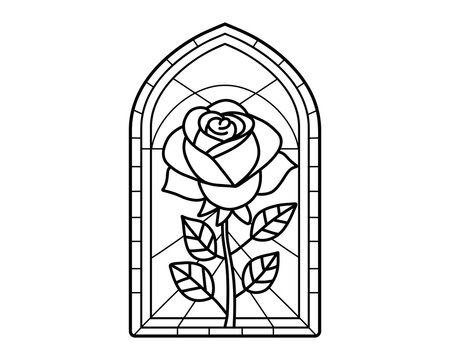 Black stained glass style rose window with arched cathedral frame and elegant floral linework, refined gothic decorative design for stationery and ornamental projects. Vector illustration.
