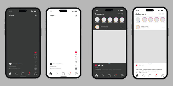 Instagram interface mockup displaying reels and feed in dark and light mode social media app ui design.