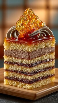 Hungarian Dobos torte cake slice with caramel shard and chocolate
