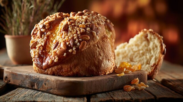 Traditional Italian colomba cake with almonds on a rustic wooden board