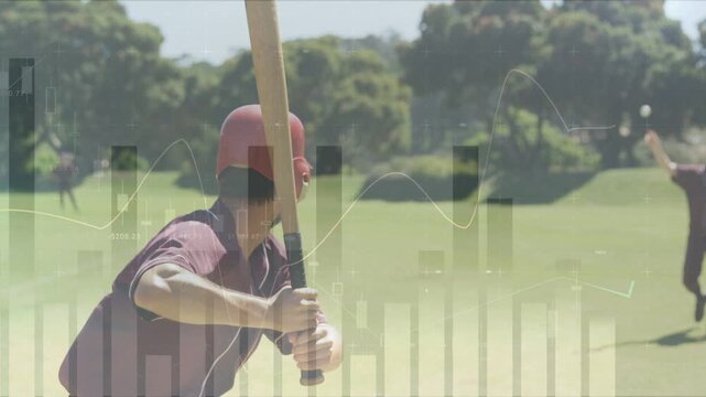 Male batter timing swing on pitcher release to score, rotating watching under sports chart overlay