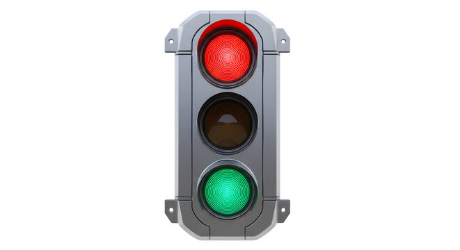 Traffic light with red, yellow, and green lights on a metal post