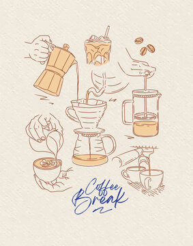 Coffee break poster with illustrated french press, cappuccino, espresso, americano, ice latte, beans, drip hot drink silhouettes drawing in graphic art style on beige background