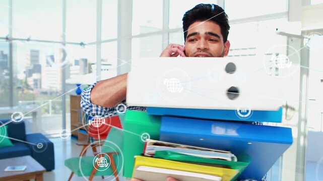 Stack shifting causing worker holding binders on phone business overlay linking files avoiding drop