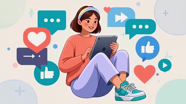 Digital Connection &mdash; Girl with Mobile and Floating Social Media Icons, Social Media Day Celebration, Digital Communication Display