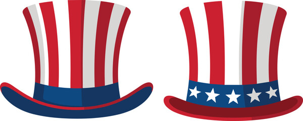 American patriotic top hat vector illustration with red and white stripes, blue band with stars, festive USA independence day costume design © Lipi