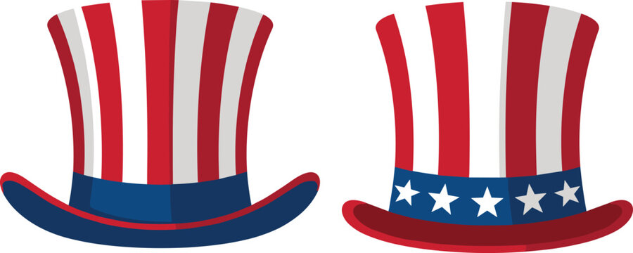 American patriotic top hat vector illustration with red and white stripes, blue band with stars, festive USA independence day costume design