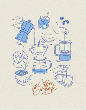 Coffee break poster with illustrated french press, cappuccino, espresso, americano, ice latte, beans, drip hot drink silhouettes drawing in graphic art style with blue on beige background