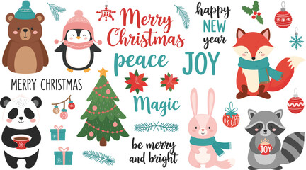 Fototapeta premium Christmas Holiday Character Set with Bear, Penguin, Rabbit, Fox, Raccoon, Panda, Christmas Tree, and Festive Text Elements