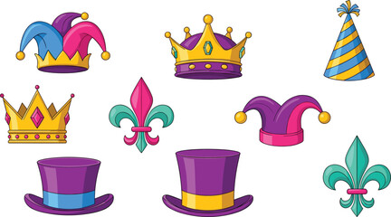 Carnival and royal costume icon set featuring crowns, jester hats, party hat, top hats, and fleur de lis symbols for festive celebration themes © Lipi