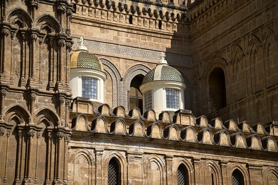 Scenic rooftop view of the Palermo Cathedral with the  Baroque style small side cupolas by Ferdinando Fuga in Sicily, Italy.