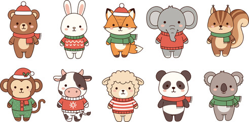 Obraz premium Christmas Animal Characters Set with Bear, Rabbit, Fox, Elephant, Monkey, Panda, Koala, and More in Holiday Sweaters and Hats