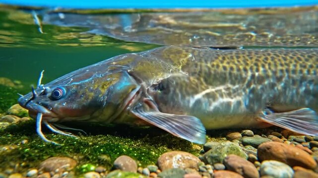 Underwater close up of a burbot fish resting on a mossy, rocky riverbed with a serene view
