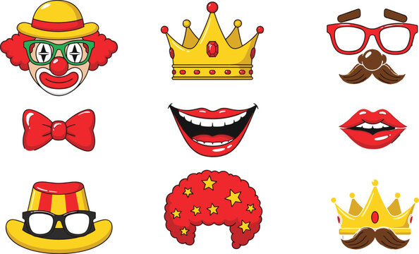 Clown and party costume icon set featuring funny face, wig, crown, glasses, bow tie, lips, mustache, and hat for carnival and celebration themes