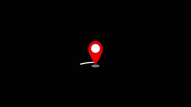 Pop up animation of red location pin with circle wave on black background.