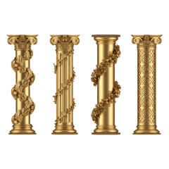 Obraz premium Four golden architectural columns with ornate carvings, floral garlands, and geometric lattice designs standing in a row against a transparent background luxury