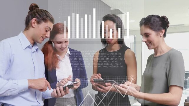 Team of four tapping phones in business, animated graphs appearing and guiding data sharing, fading