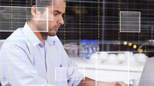 Man typing on laptop, launching HUD grids and dotted chart, pausing, resuming for analytics