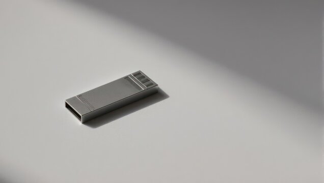Sleek USB Drive on Minimalist Gray Surface with Soft Lighting.