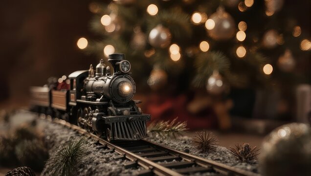 Vintage Toy Train Set with Christmas Tree in Background.