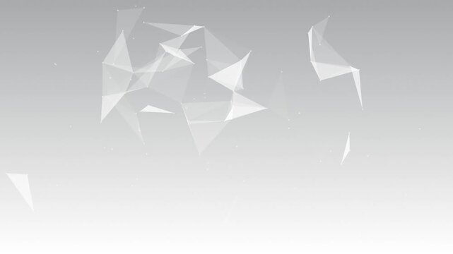 Minimal white polygon shapes floating on light background, abstract geometric motion with soft transparency, clean modern design, subtle depth and calm atmosphere.