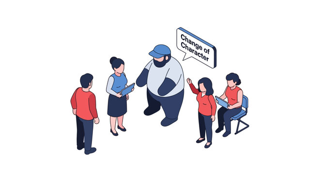 Isometric Illustration of People in a Meeting Discussing Character Change.