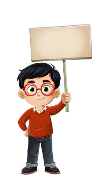 Boy with glasses and a banner in his hand