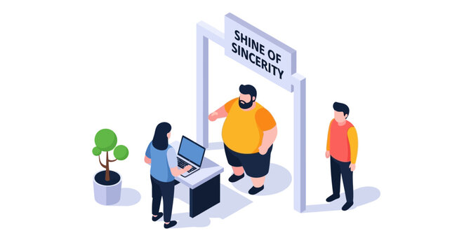 Isometric illustration of people interacting at a sincerity booth.