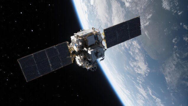Satellite orbiting Earth, showcasing technology and space exploration.