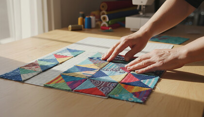 Fototapeta premium Hands of a person assembling a colorful geometric patchwork quilt on a wooden table. A bright, sunny scene depicting DIY crafts, textile art, and the creative process of sewing and quilting.