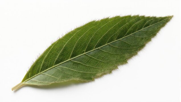 Single green leaf with prominent veins isolated on white background.