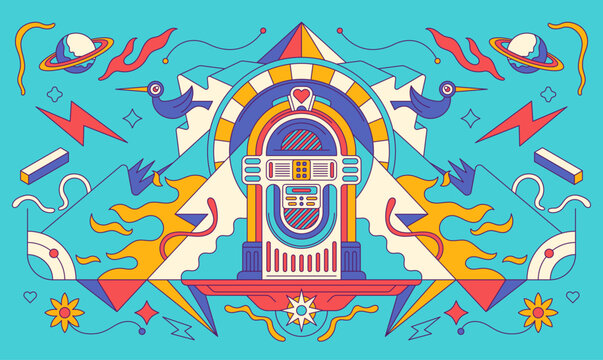 Psychedelic geometric illustration of a vintage jukebox with vibrant color abstract elements and symmetrical composition. Vector illustration.