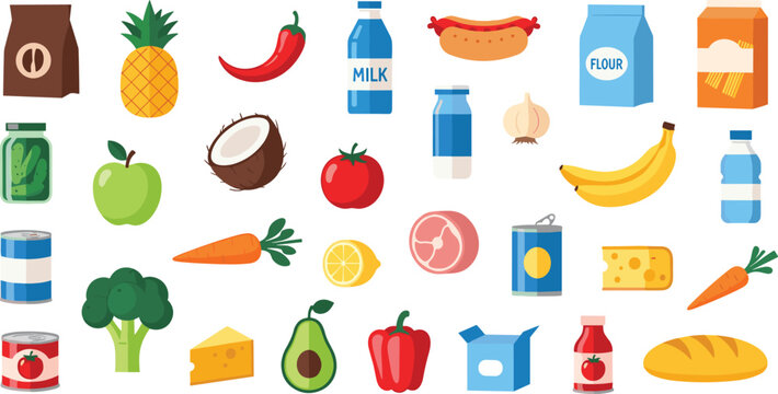 Grocery food and beverage icon set featuring fruits, vegetables, milk, juice, bread, cheese, and pantry items for healthy diet and kitchen concepts
