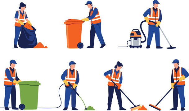 Cleaning service and waste management workers vector set featuring professional janitors and street cleaners in safety vests with vacuum brooms and trash bins