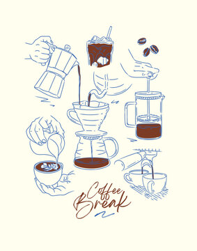 Coffee break poster with illustrated french press, cappuccino, espresso, americano, ice latte, beans, drip hot drink silhouettes drawing in graphic art style on light background