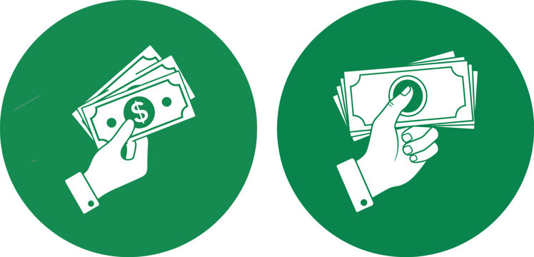 Hands holding stack of dollar bills in circular green icons