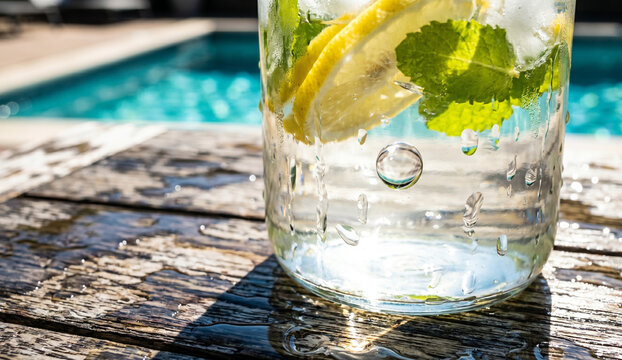 Macro di una bottiglia di vetro riutilizzabile con acqua, fette di limone, menta e ghiaccio a bordo piscina.