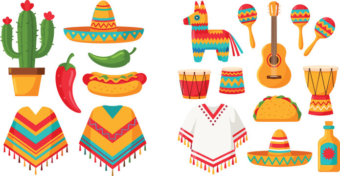 Mexican culture icon set featuring sombrero, poncho, guitar, maracas, taco, pi&ntilde;ata, cactus, chili pepper, and traditional festive elements for celebration themes