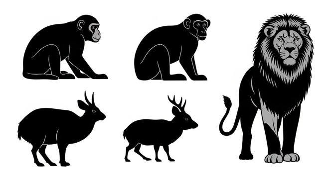 Collection of Silhouette Animals Including Lion Monkeys and Deer.